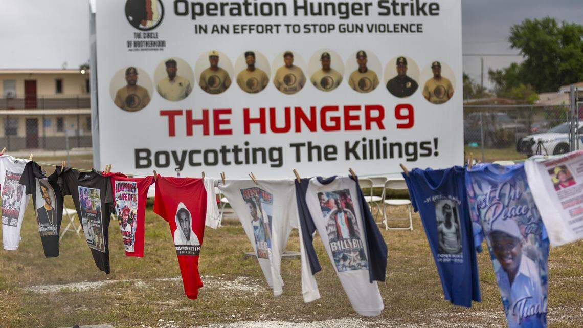 Members of the Circle of Brotherhood participate in the 10th day of a hunger strike inside a makeshift tent adjacent to Liberty Square in Liberty City on Monday, March 18, 2019. A total of nine members are participating in the hunger strike campaign titled Operation Hunger Strike, which aims to end gun violence and bring increased awareness to the issue.