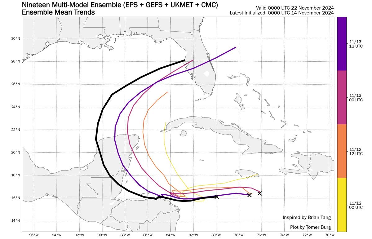 Long-range computer models suggest Tropical Depression 19 could cross over the Yucatan and head toward Florida’s west coast, but the recent westward shift in models have inched the projected track north on Florida’s peninsula.
