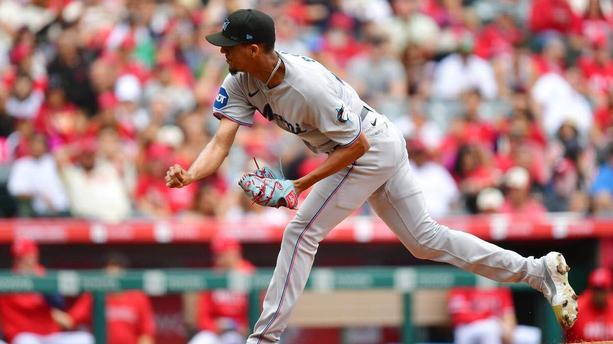Miami Marlins starting pitcher Eury Perez (39) throws against the Los Angeles Angels during the first inning at Angel Stadium on Sunday, May 28, 2023.