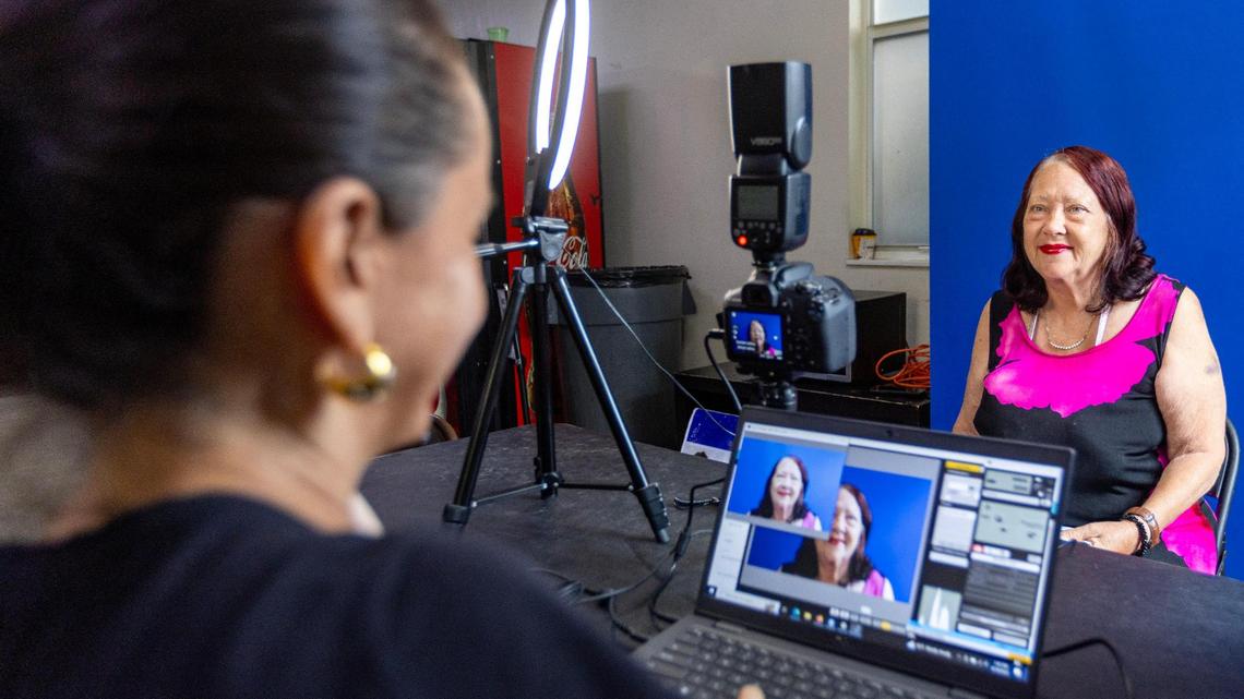 Fort Lauderdale resident Brenda Morris, 68, smiles for a photo for her new Broward County ID card during a community ID event hosted by Legal Aid Service of Broward County in partnership with Salvation Army in Fort Lauderdale, Florida, on Friday, August 18, 2023.