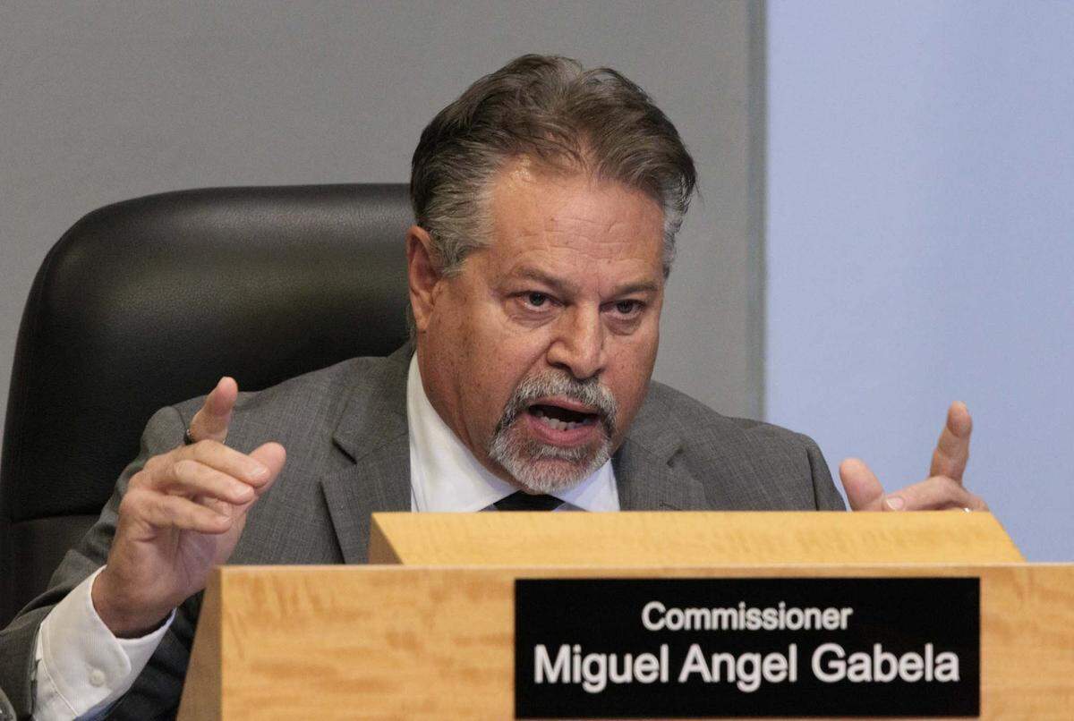 Commissioner Miguel Angel Gabela speaks during a Miami City Commission meeting on Thursday, May 14, 2026, at Miami City Hall in Miami, Fla. Mayor Higgins' $450 million bond for police and fire stations was discussed.