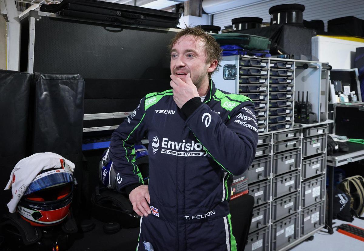 Actor Tom Felton gathers his thoughts prior to test driving the revolutionary Gen3 Evo race car at Miami’s Hard Rock Stadium. Formula E hosted the first-ever ‘Evo Sessions’ at the Hard Rock Stadium in Miami Gardens, Florida where 11 celebrities and influencers drove the Gen3 Evo race cars at The Miami International Autodrome at HardRock on Wednesday, March 6, 2025.