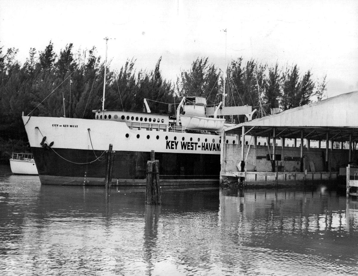In 1955, Key West-Havana ferry boat undergoes repairs at the Merrill-Stevens dock on the Miami River.