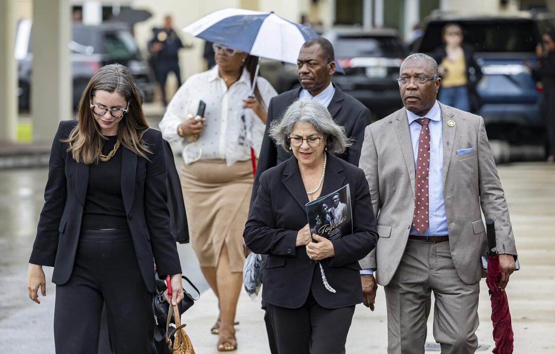 Miami-Dade County Mayor Daniella Levine Cava leaves a funeral service for Coral Springs Vice Mayor Nancy Metayer Bowen at Church By The Glades on Friday, April 17, 2026, in Coral Springs, Fla.