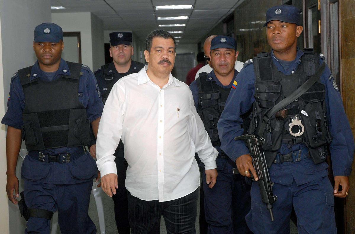 Former paramilitary Diego Fernando Murillo Bejarano, also know as Don Berna, arrives for a court hearing in Medellín on July 16, 2007.
