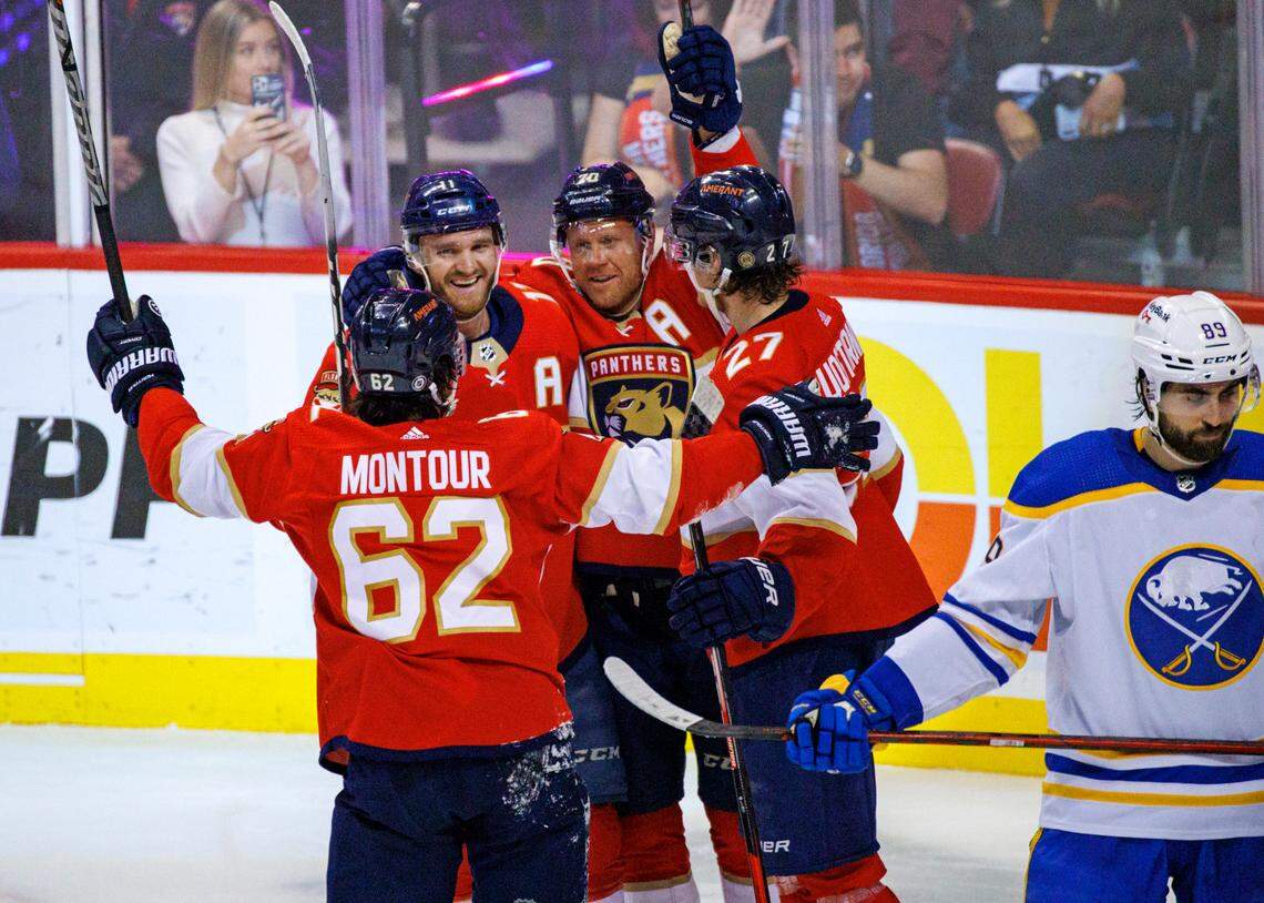 Florida Panthers right wing Patric Hornqvist (70) celebrates with teammates after scoring a goal during the second period of an NHL game against the Buffalo Sabres at the FLA Live Arena on Friday, April 8, 2022 in Sunrise, Fl.