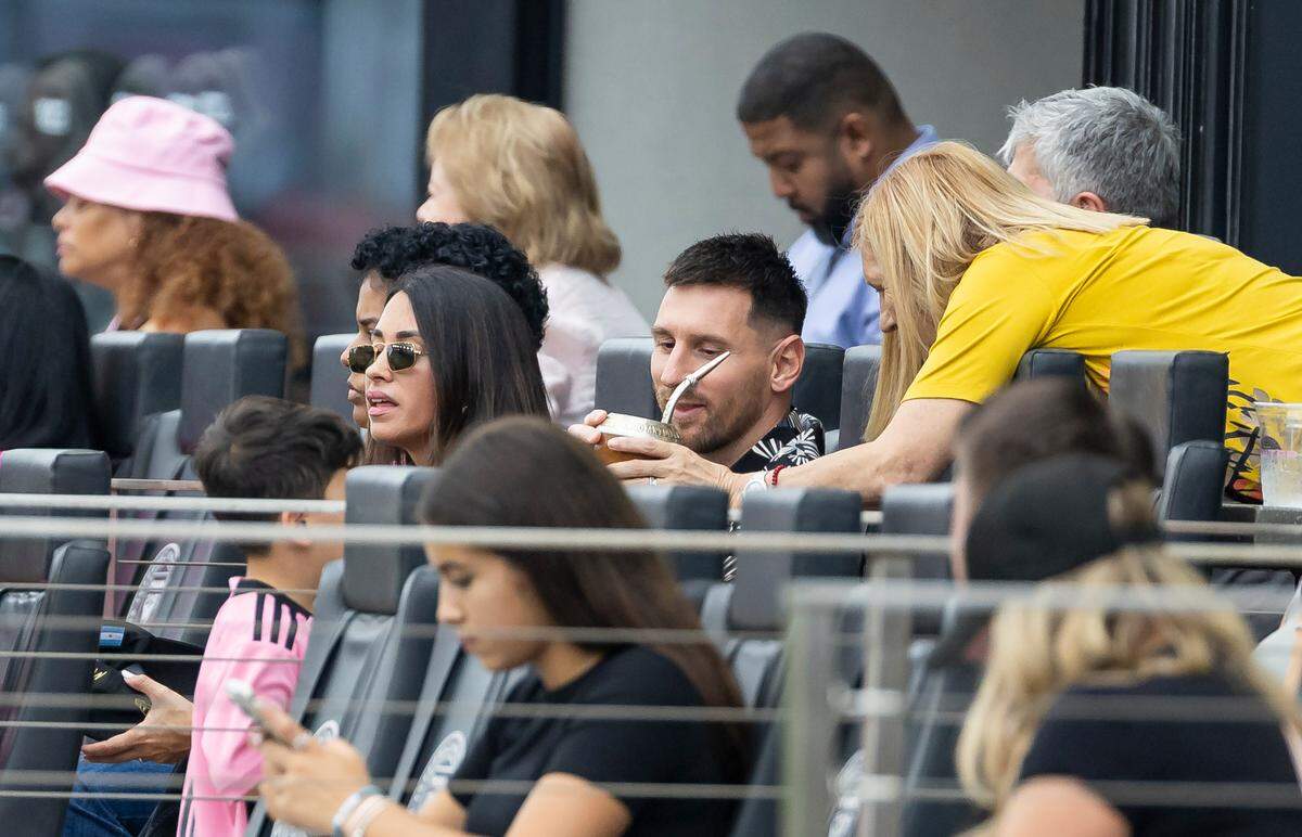 Inter Miami forward Lionel Messi (10) drinks mate as he watches his team play against CF Montréal in the first half of their MLS match at Chase Stadium on Sunday, March 10, 2024, in Fort Lauderdale, Fla.