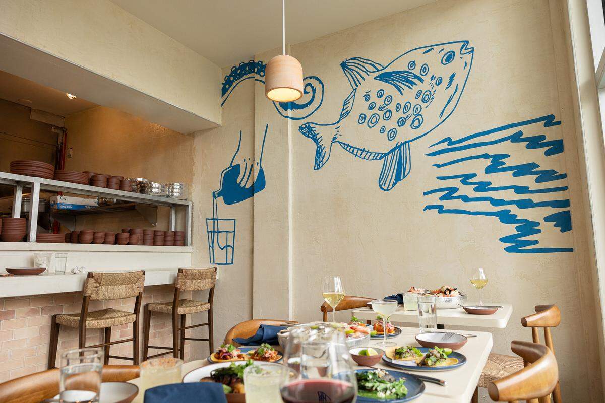 The design of Ensenada Mexican seafood restaurant includes whimsical fish.
