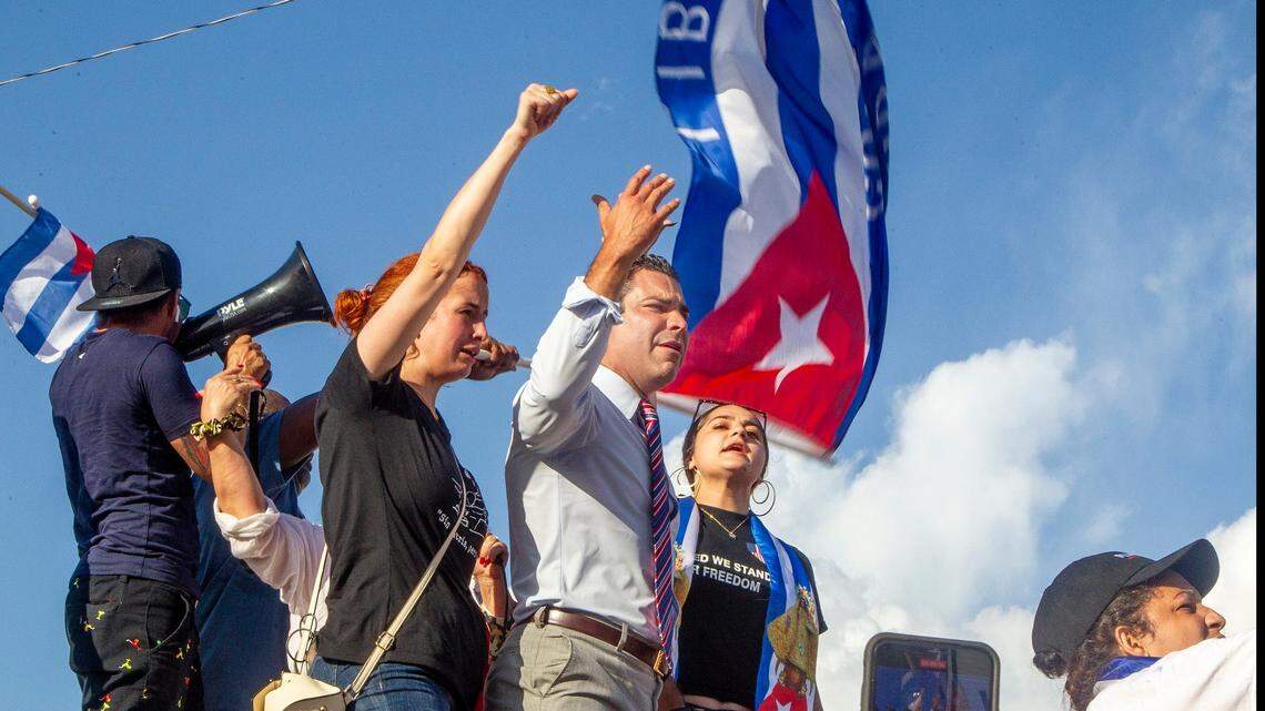 City of Miami Mayor Francis Suarez joined Cuban exiles at a rally at Versailles Restaurant in Little Havana in support of protesters in Cuba. Thousands of Cubans took to the streets on Sunday, July 11, in rare protests against a lack of freedom and a worsening economic situation.