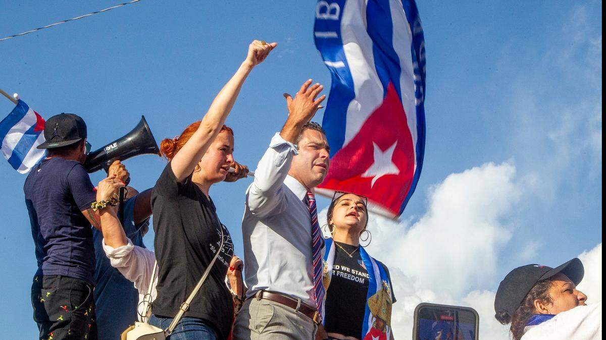 City of Miami Mayor Francis Suarez joined Cuban exiles at a rally at Versailles Restaurant in Little Havana in support of protesters in Cuba. Thousands of Cubans took to the streets on Sunday, July 11, in rare protests against a lack of freedom and a worsening economic situation.