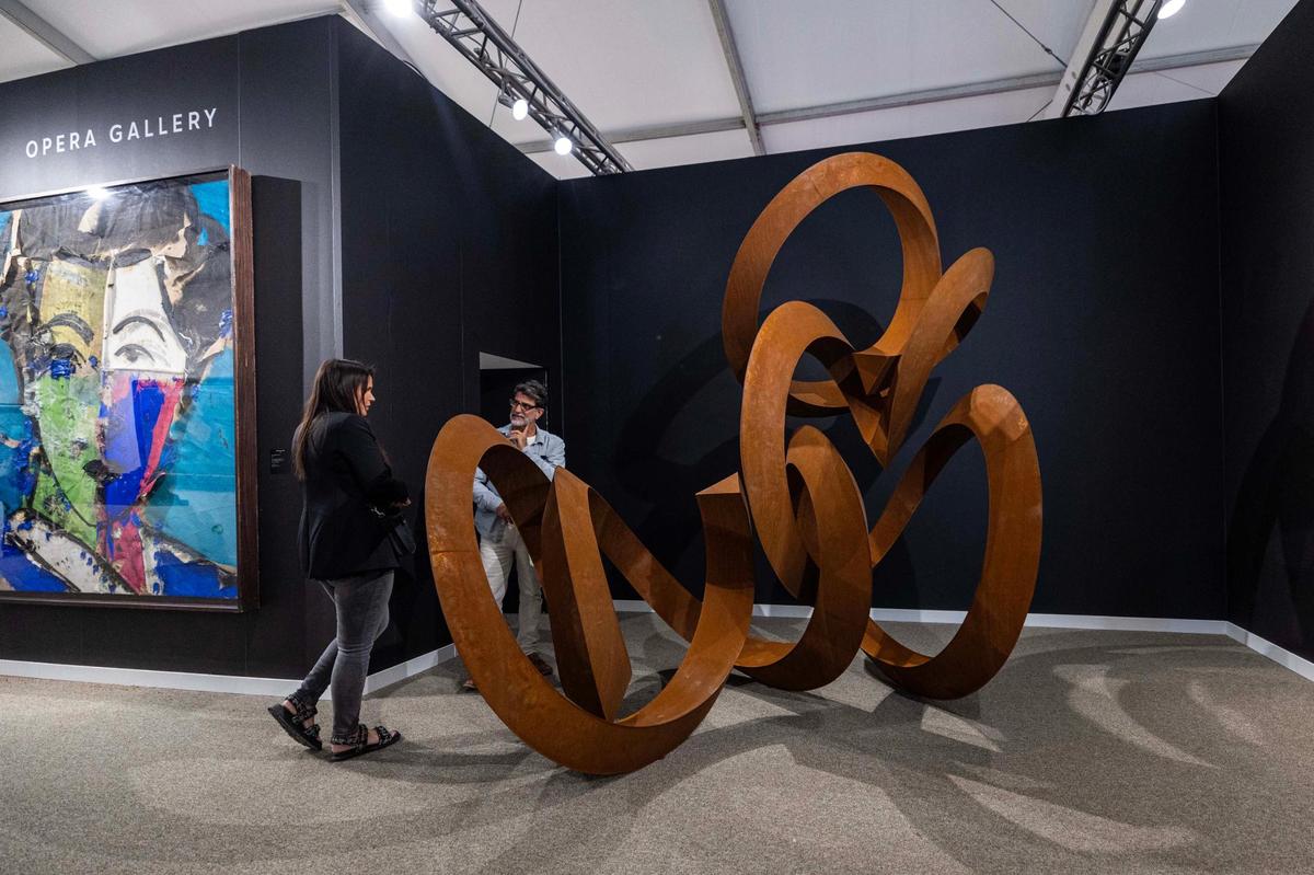‘She Moves I Her Own Way’ by Pieter Obels on display during Art Miami at One Herald Plaza on Tuesday, Dec. 3, 2024, in Miami, Fla.