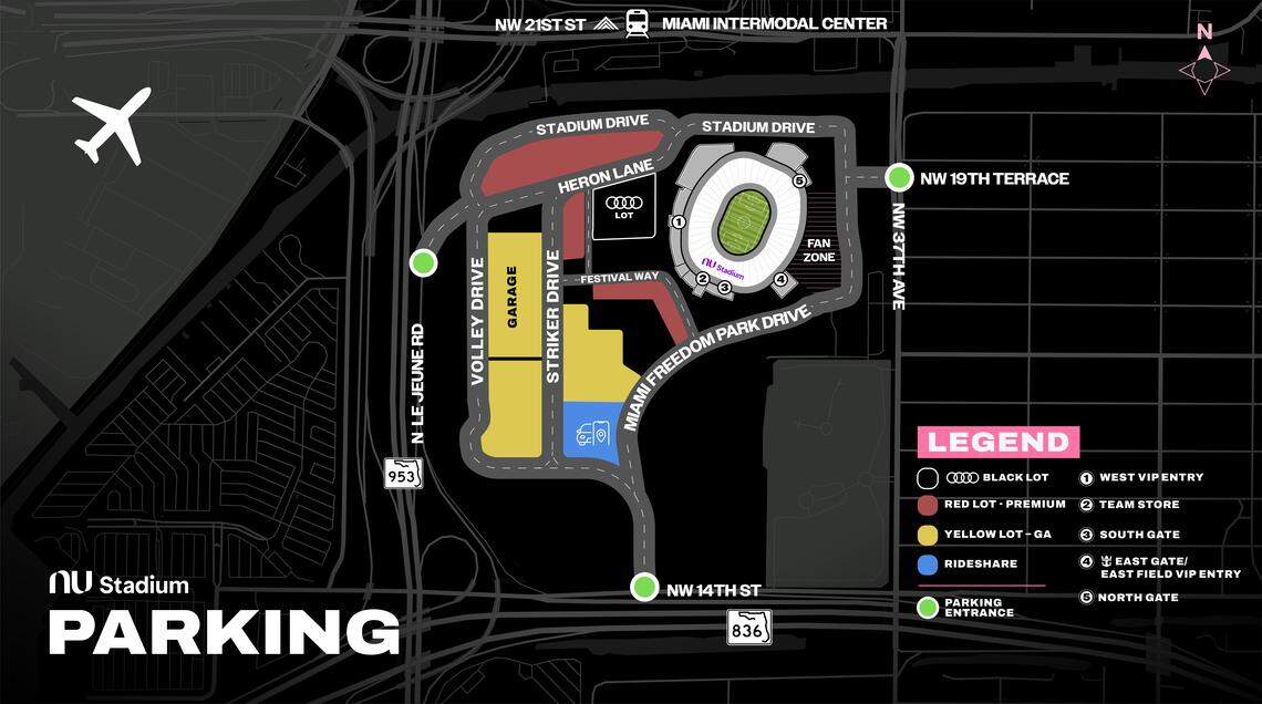 Parking lot map for Nu Stadium at Miami Freedom Park.