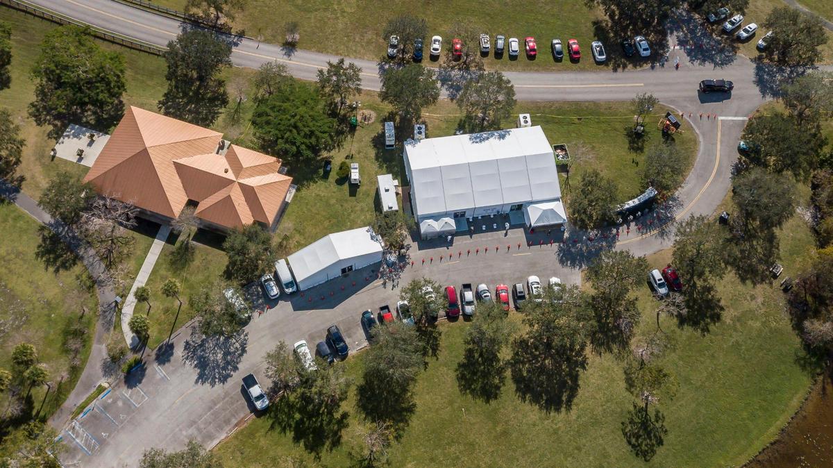 Aerial view of a monoclonal antibody treatment site for COVID-19 at Markham Park in Sunrise, Florida on Wednesday, January 19, 2022.
