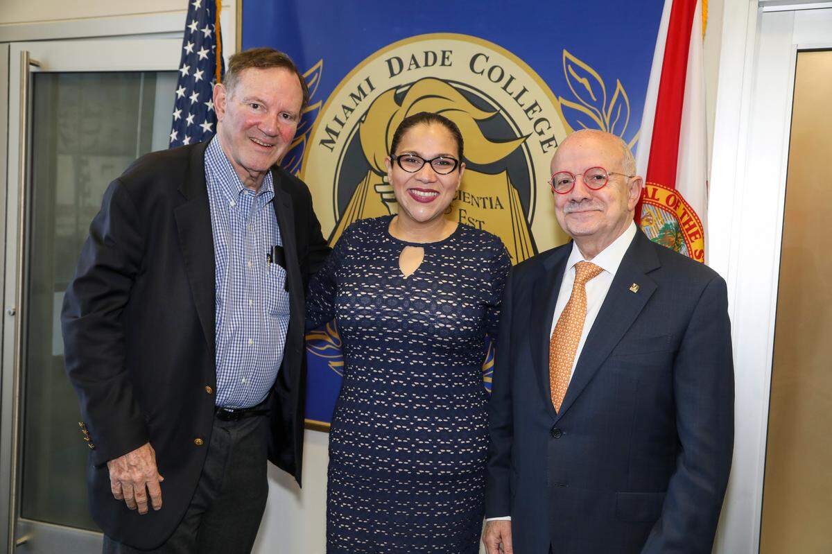 Gaby Pacheco with TheDream.US co-founder Don Graham and Miami-Dade College President Emeritus Eduardo Padron on February 8, 2019