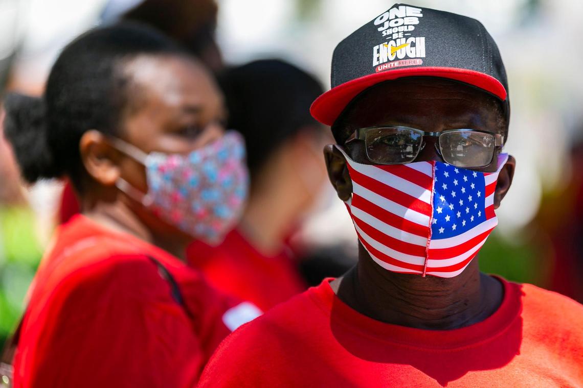Thomas Azard, 65, participates in a National Strike for Black Lives protest outside of the Miami Beach City Hall on Monday, July 20, 2020.