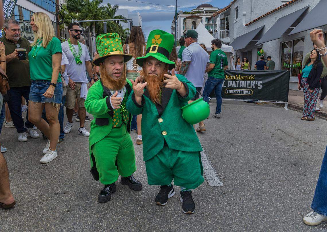 Performers Juan Espinosa (left) and Elvis Rojas entertained during the 33rd annual John Martin's St. Patrick's Street Festival in Coral Gables, presented by John Martin's Irish Pub & Restaurant, on Saturday, March 14, 2026.