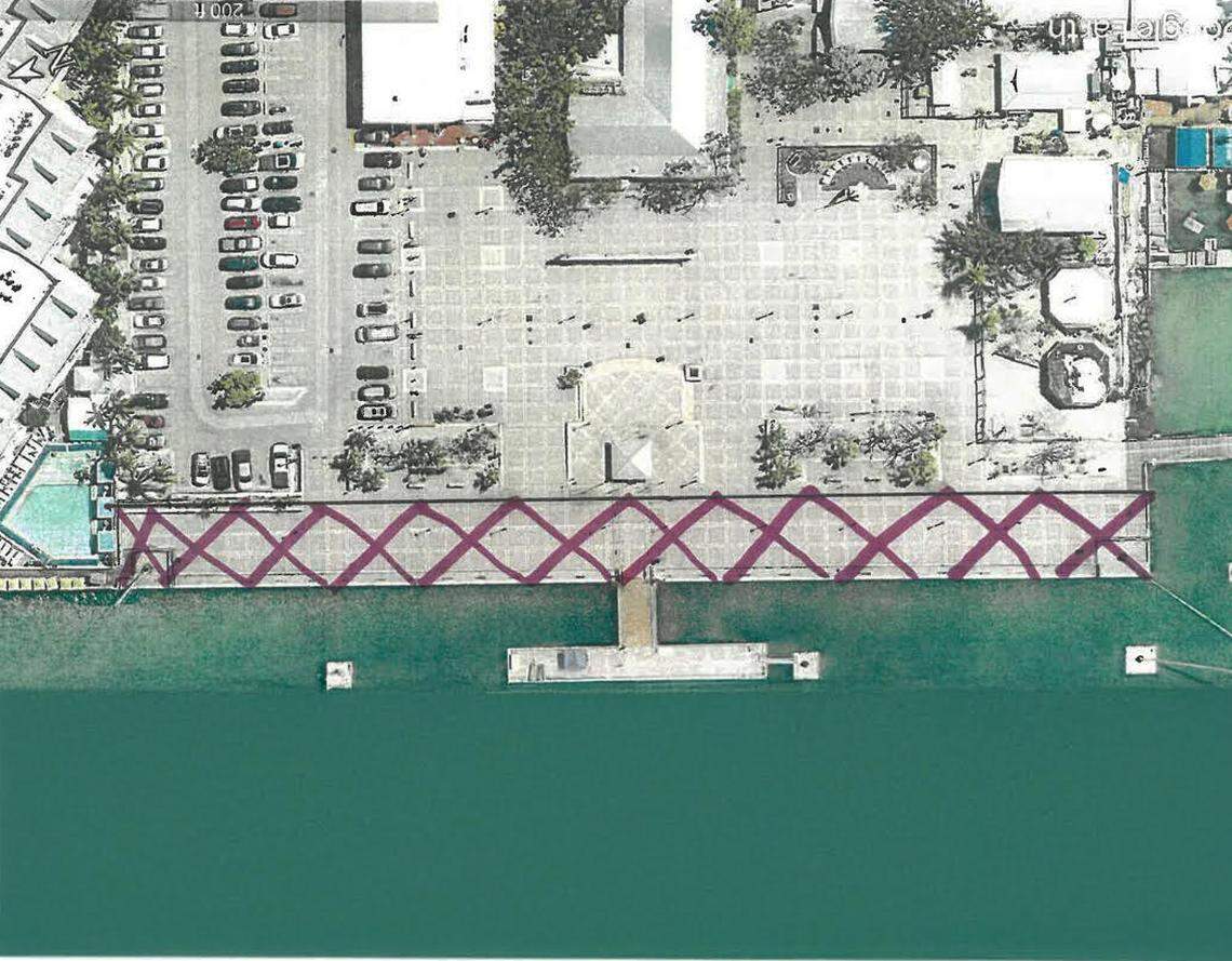 Marks on an aerial view of Mallory Square in Key West show where officials have blocked off because of deterioration found in the structure of the sea wall. The city made the decision Friday, April 11, 2025.
