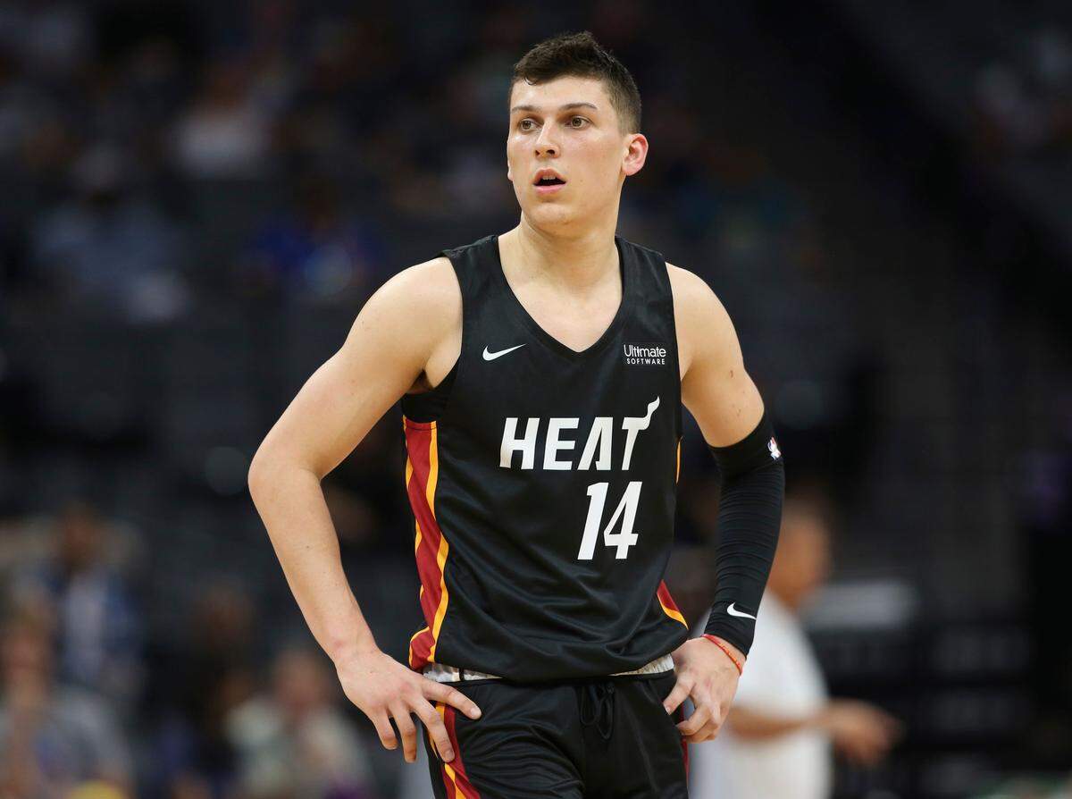 In this photo taken July 1, 2019, Miami Heat guard Tyler Herro watches as a pair of free throws are taken against the Los Angeles Lakers during the second half of an NBA basketball summer league game in Sacramento, Calif. The Heat won 106-79. (AP Photo/Rich Pedroncelli)
