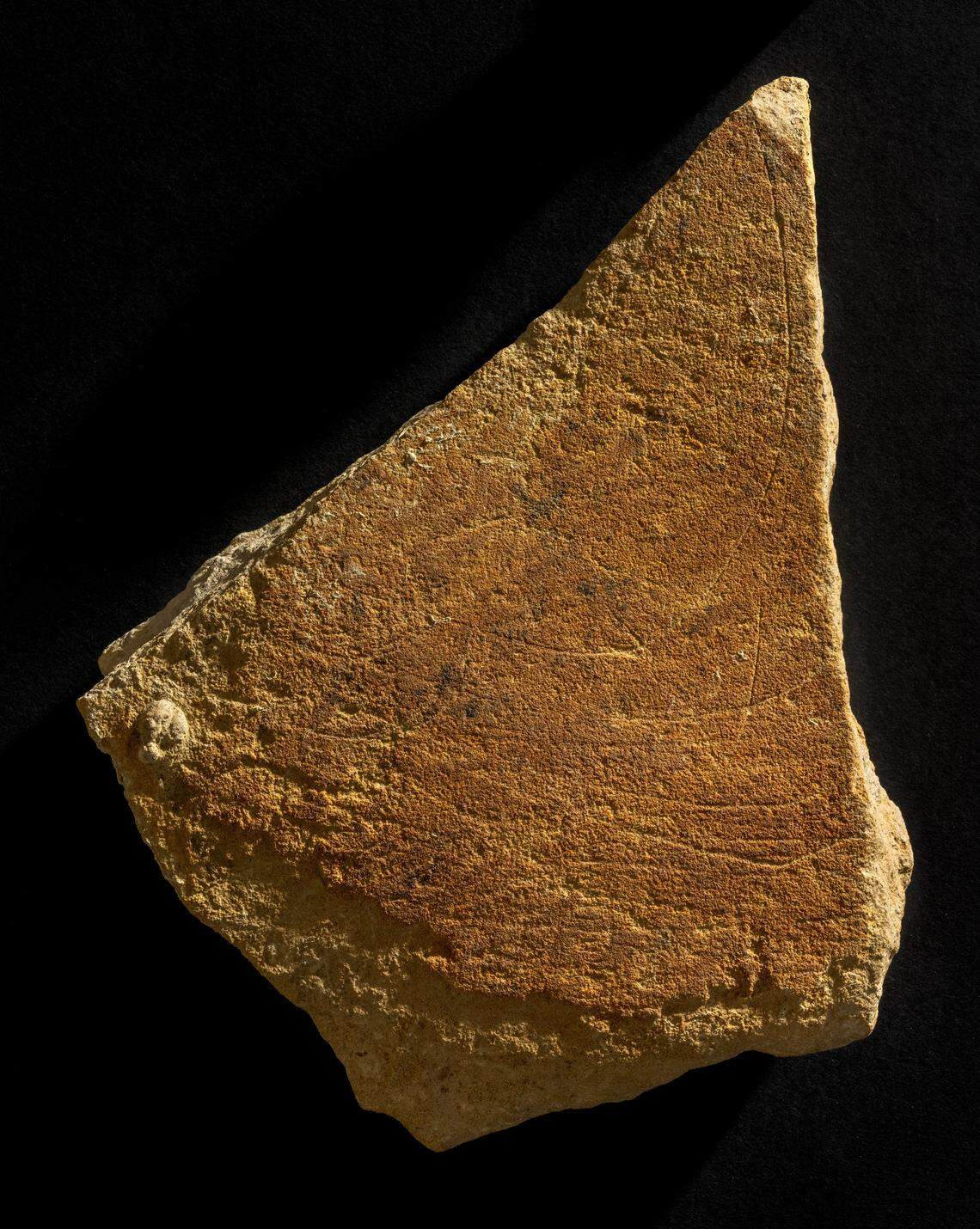 A close-up of some of the incisions on the fragmented slap.