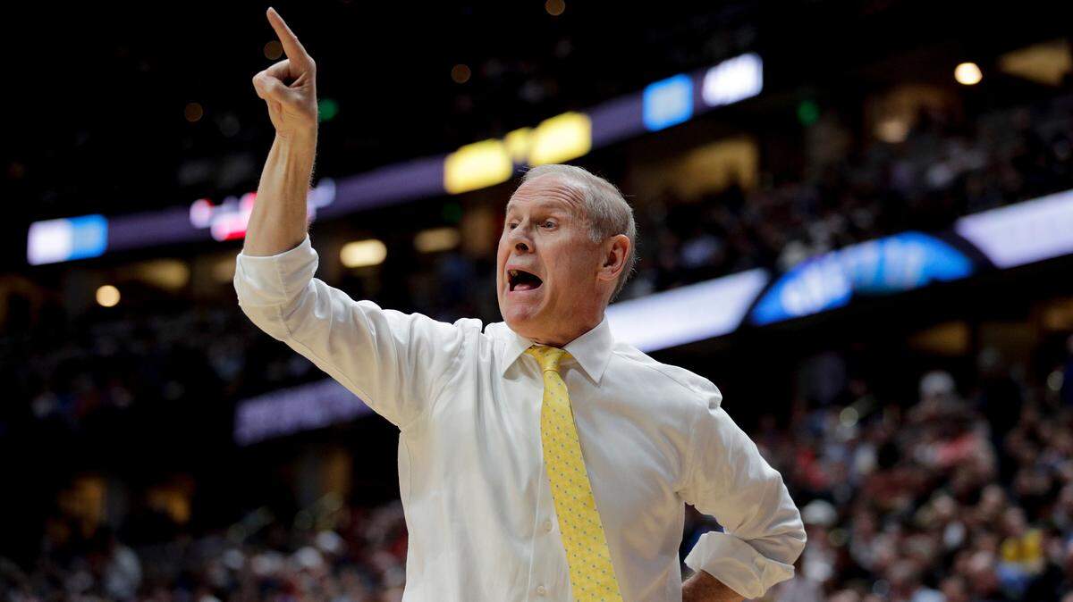Michigan coach John Beilein shouts during the first half the team’s NCAA men’s college basketball tournament West Region semifinal against Texas Tech on Thursday, March 28, 2019, in Anaheim, Calif.