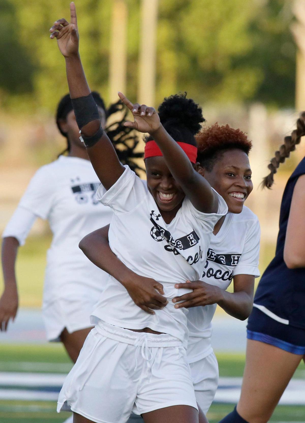 Miami Edison players celebrate a goal against Palmetto during GMAC Girls Soccer Championship game on Friday, January 12, 2024 at Traz Powell Stadium in Miami.