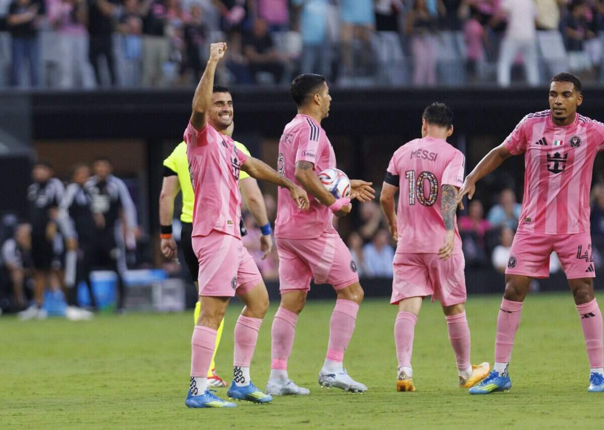 Inter Miami CF forward Germán Berterame (19) reacts to the fans after scoring a goal against the Philadelphia Union during the first half of a game on Sunday, May 24, 2026, at Nu Stadium at Miami Freedom Park in Miami, Fla.