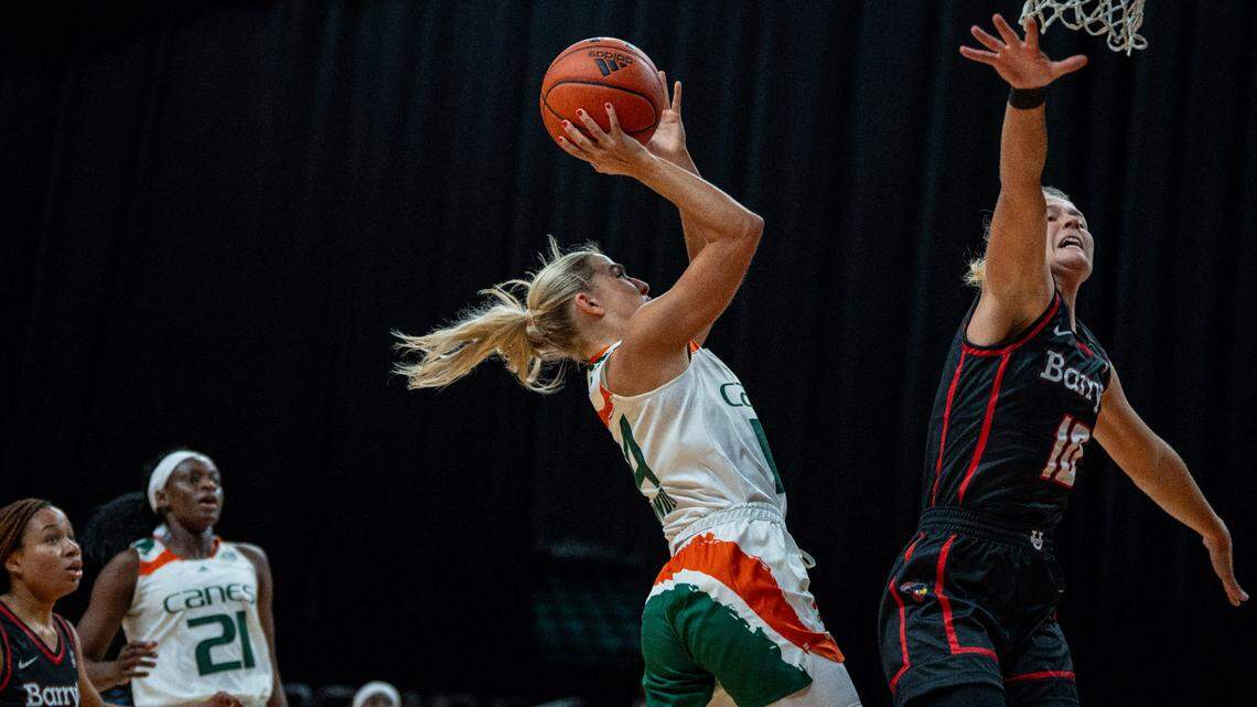 Haley Cavinder (14) scored the first points of the 2022-23 University of Miami women’s basketball season as the Hurricanes rolled to an 88-28 exhibition win over Barry University at the Watsco Center on Nov. 2, 2022.