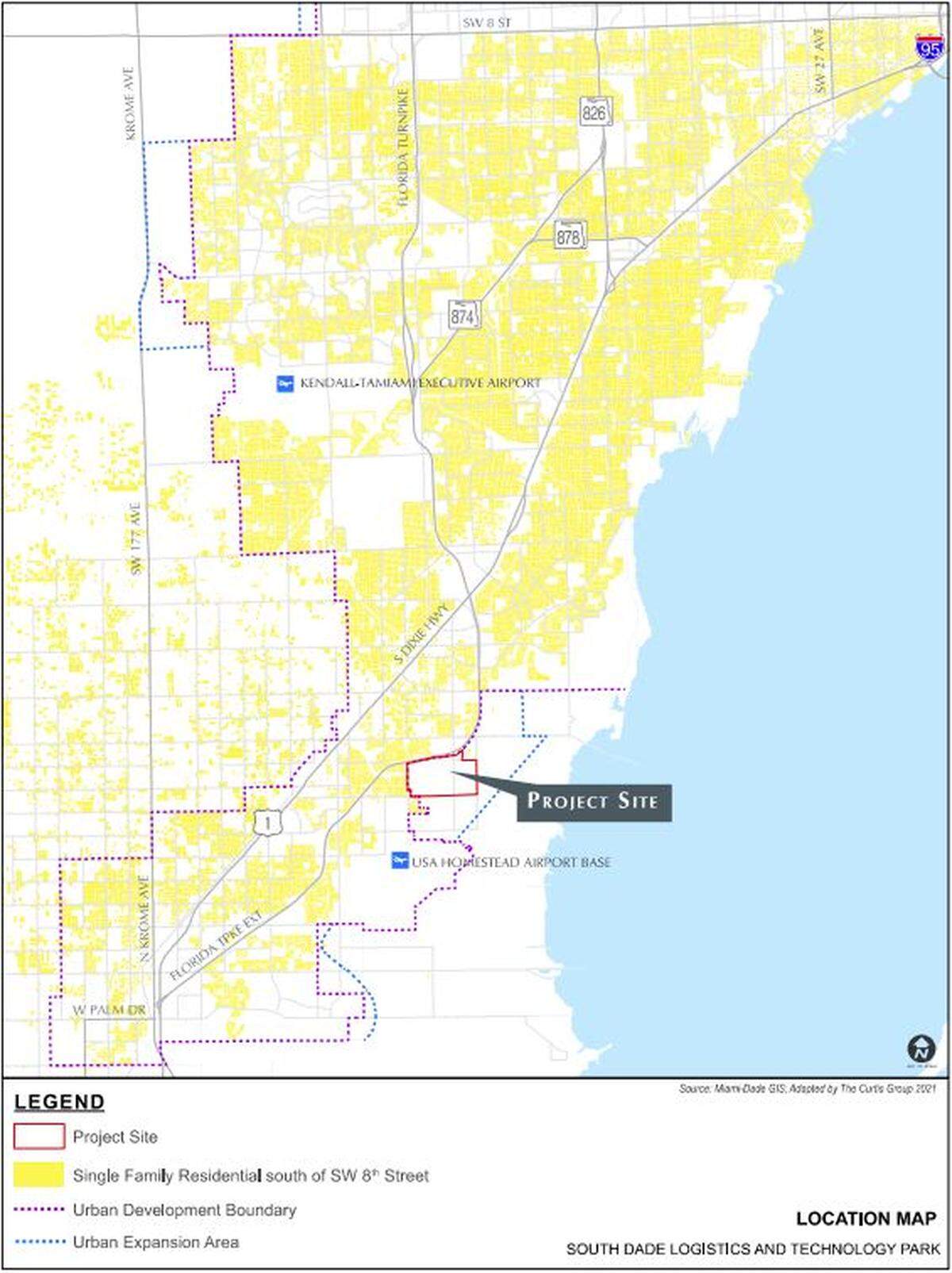 A map showing the location of the South Dade Logistics and Technology District project, as first proposed. Developers have shrunk the footprint of the project ahead of the final vote for approval on Nov. 1, 2022, by the Miami-Dade County Commission.