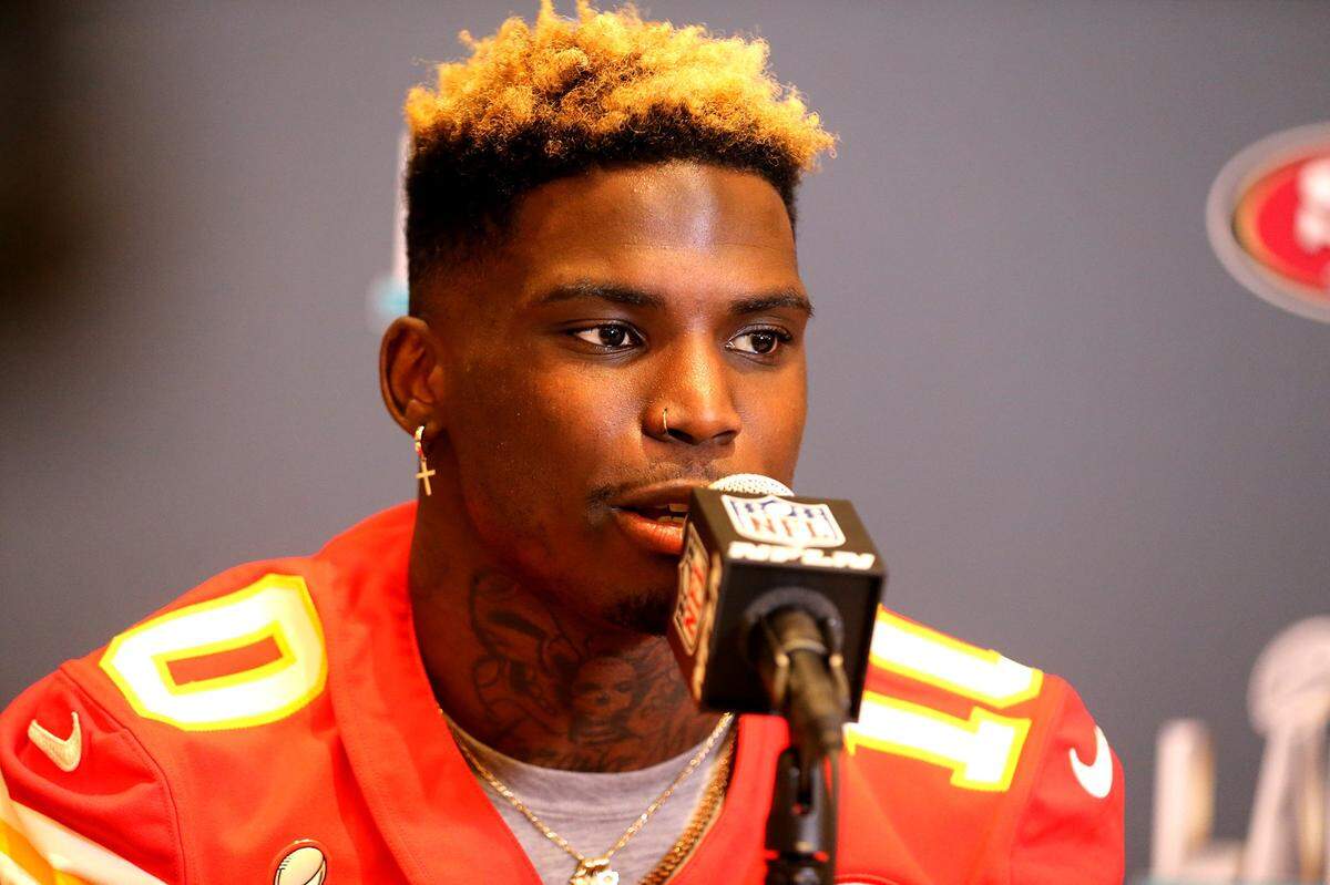 Kansas City Chiefs wide receiver Tyreek Hill is interviewed by the media as they prepare to play the San Francisco 49ers in Super Bowl LVI, Aventura, Florida, January 28, 2020.