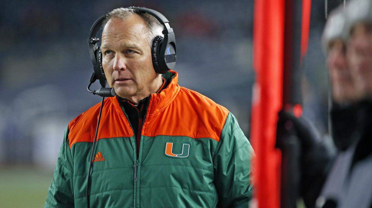 Miami Hurricanes head coach Mark Richt looks on as the Miami Hurricanes play against the Wisconsin Badgers in the 2018 New Era Pinstripe Bowl at Yankee Stadium in Bronx, N.Y. on Thursday, December 27, 2018.