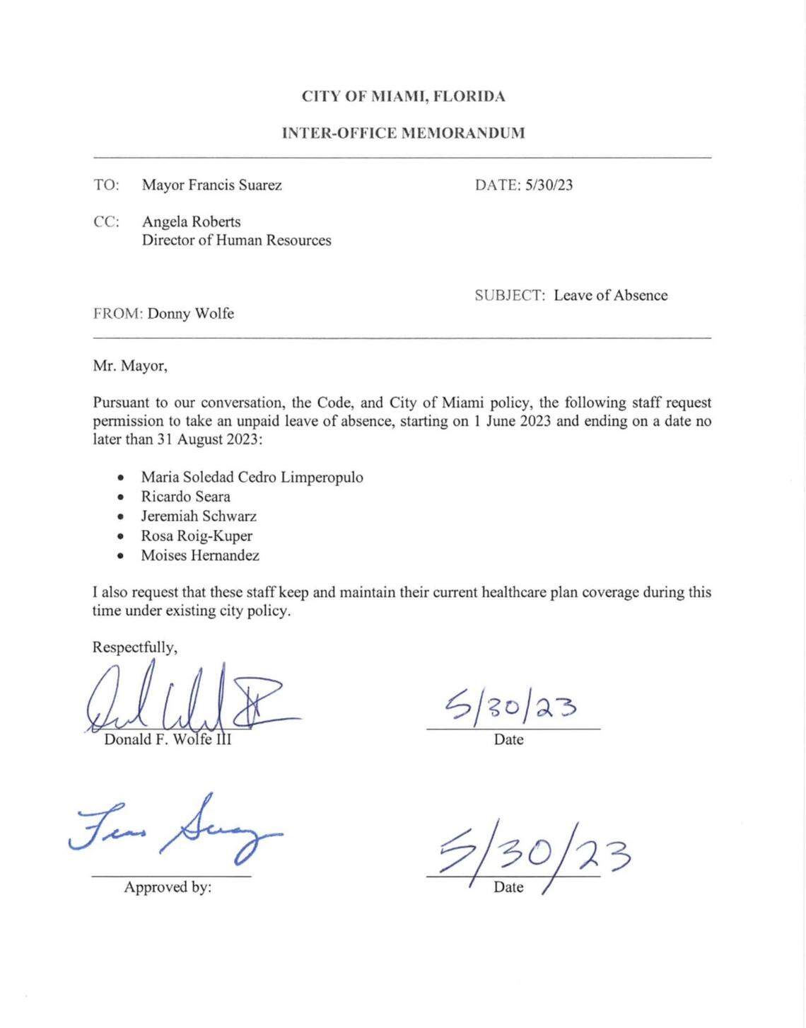 Miami Mayor Francis Suarez approved a leave of absence for five employees on May 30. The staffers are temporarily walking away from the City Hall jobs to support Suarez’s potential presidential campaign.