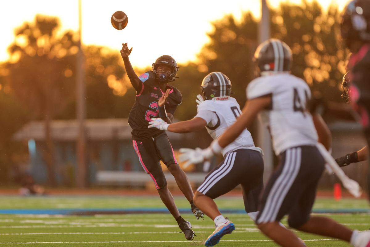 West Broward Bobcats quarterback Brandon Mincy (2) throws the football against the Corner Canyon Chargers (Utah) during the first half of a high school football game at Dillard High School in Fort Lauderdale, Florida, Friday, August 22, 2025.