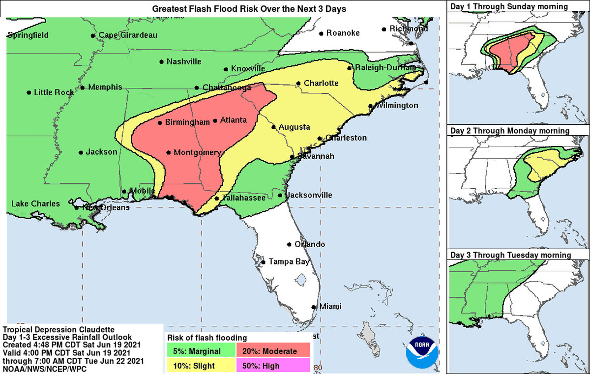 National Hurricane Center’s Tropical Storm Claudette flash flooding predictions.