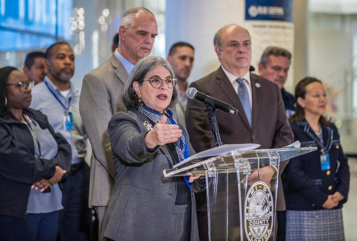 Miami-Dade County Mayor Daniella Levine Cava, Miami International Airport Director and CEO Ralph Cutié, and County Commissioner Juan Carlos Bermudez (far right) held a press conference on Thursday, Jan. 18, 2024, to provide an update on the county’s unprecedented investment of $7 billion in capital improvements and $1.7 billion in maintenance upgrades at the airport.