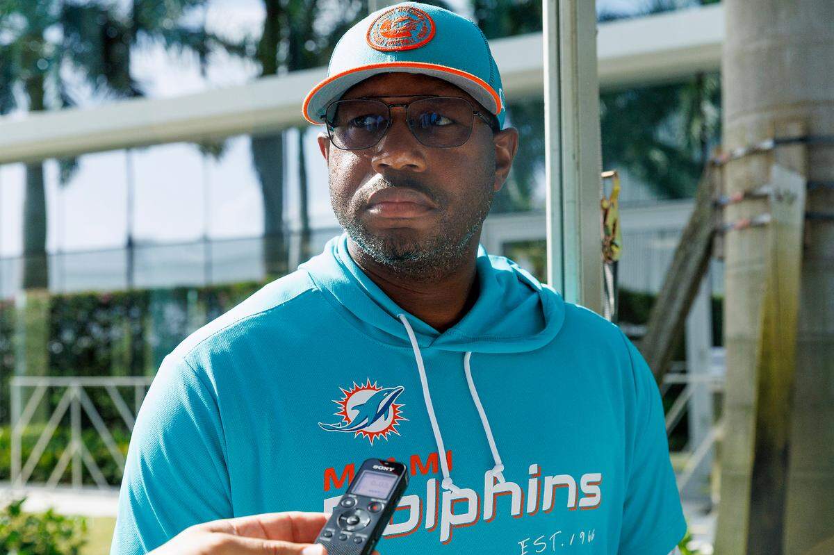 Miami Dolphins passing game coordinator/secondary coach Renaldo Hill speaks with the media before NFL football training camp at Baptist Health Training Complex in Hard Rock Stadium on Tuesday, August 22, 2023 in Miami Gardens, Florida.