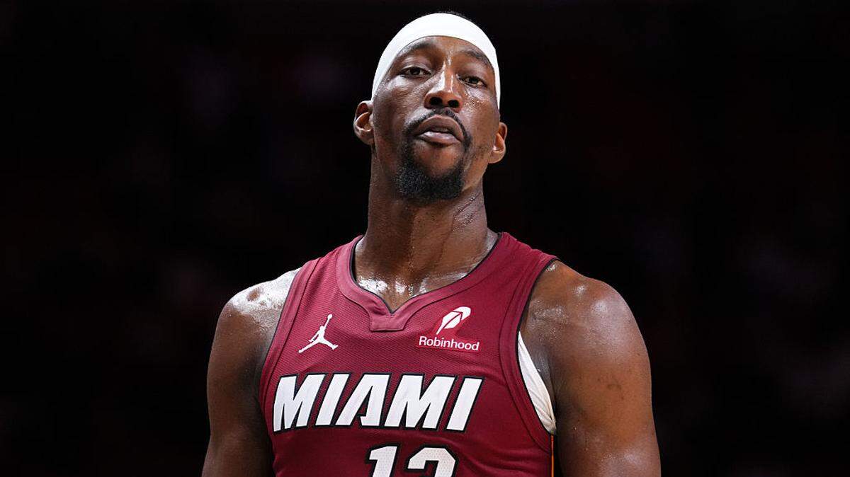 Bam Adebayo #13 of the Miami Heat looks on against the Detroit Pistons during the fourth quarter at Kaseya Center on March 08, 2026 in Miami.