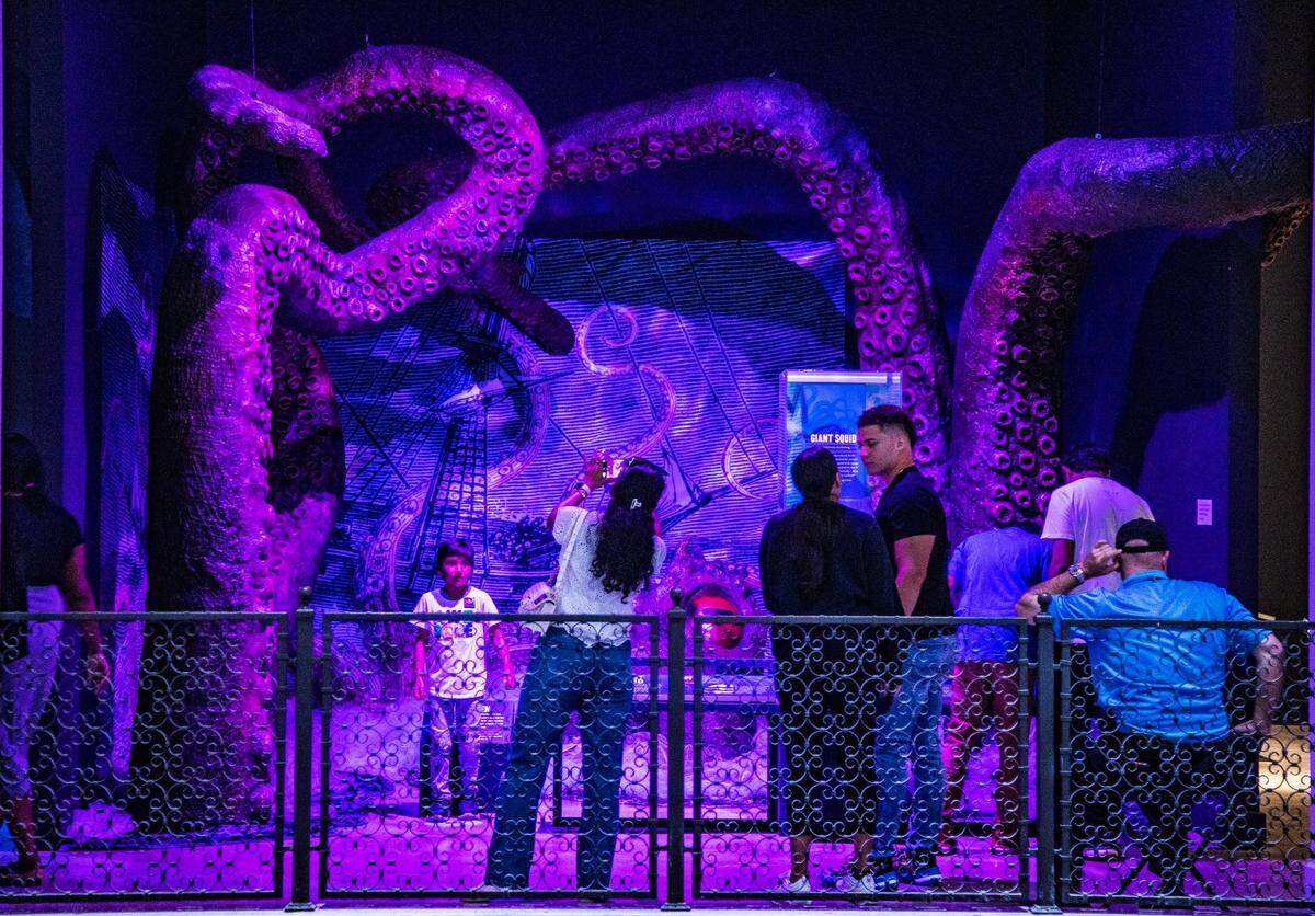 Visitors look at Giant Squid, part of the “Mythic Creatures: Dragons, Unicorns & Mermaids”, exhibition on display at the HistoryMiami Museum, The exhibition opening on July 8th, traces the natural and cultural roots of some of the world’s most enduring mythological creatures from Asia, Europe, the Americas, and beyond, and even how Miamians embrace their own mythic fantasies. Organized by theAmerican Museum of Natural History in New York, on Saturday, July 08, 2023.