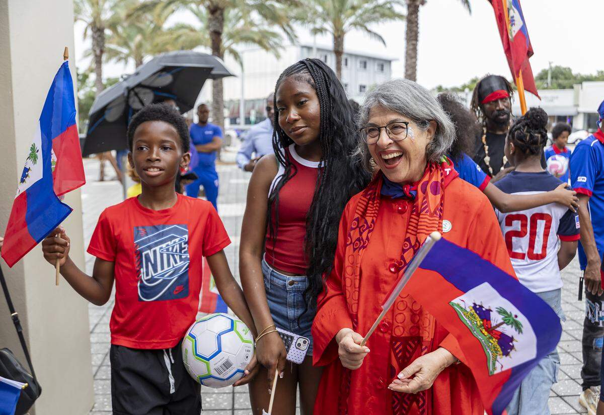 Miami-Dade County Mayor Daniella Levine Cava smiles as she talks with attendees waiting for a meet-and-greet with the Haiti national soccer team at the Museum of Contemporary Art on Saturday, May 30, 2026, in North Miami, Fla.