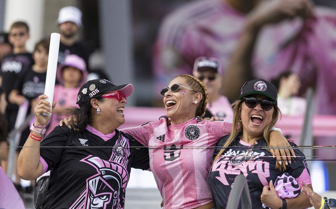 Fans dance and cheer before a ribbon cutting event for Nu Stadium in Miami Freedom Park ahead of an MLS match between Inter Miami CF and Austin FC on Saturday, April 4, 2026, in Miami, Fla.