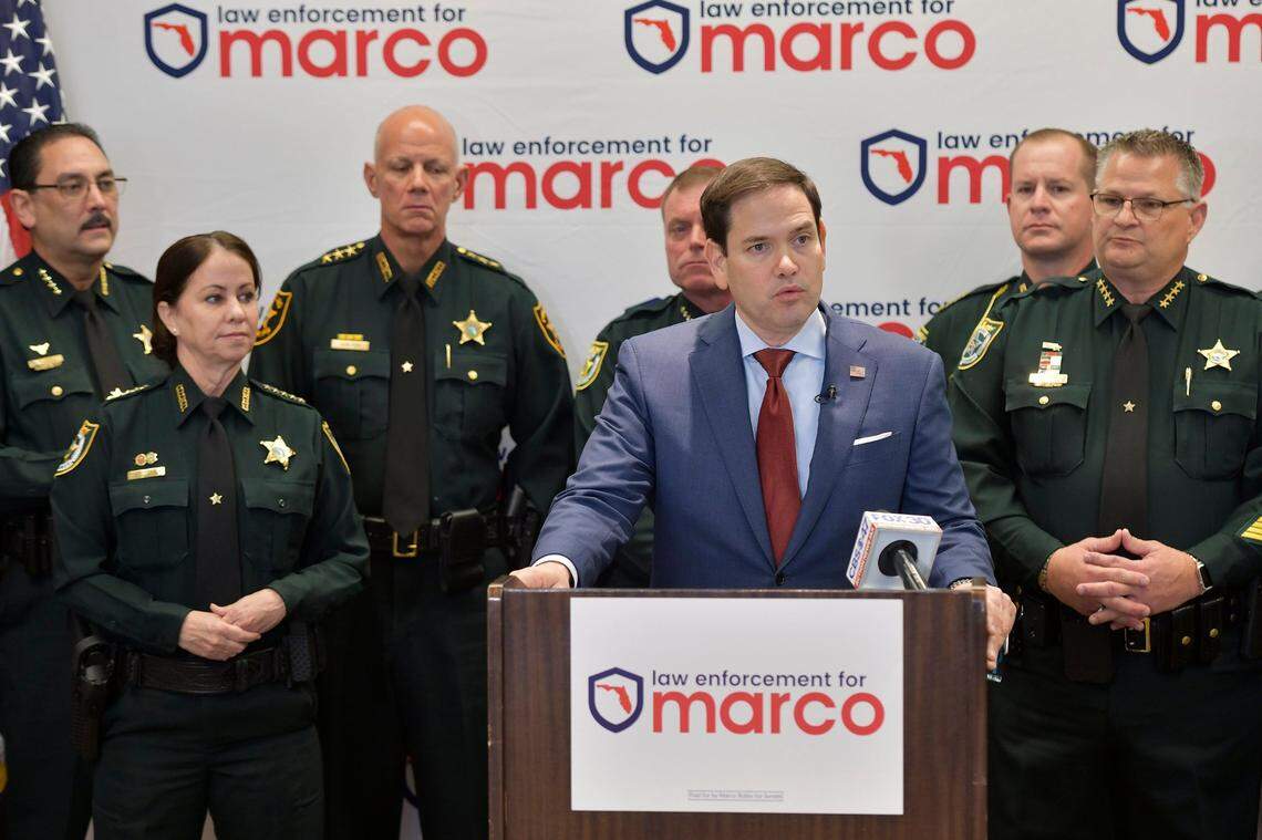 Sen. Marco Rubio, R-Fla., holds a news conference in Jacksonville, Fla., on Monday, Jan. 24, 2022, accompanied by sheriffs from around the state.