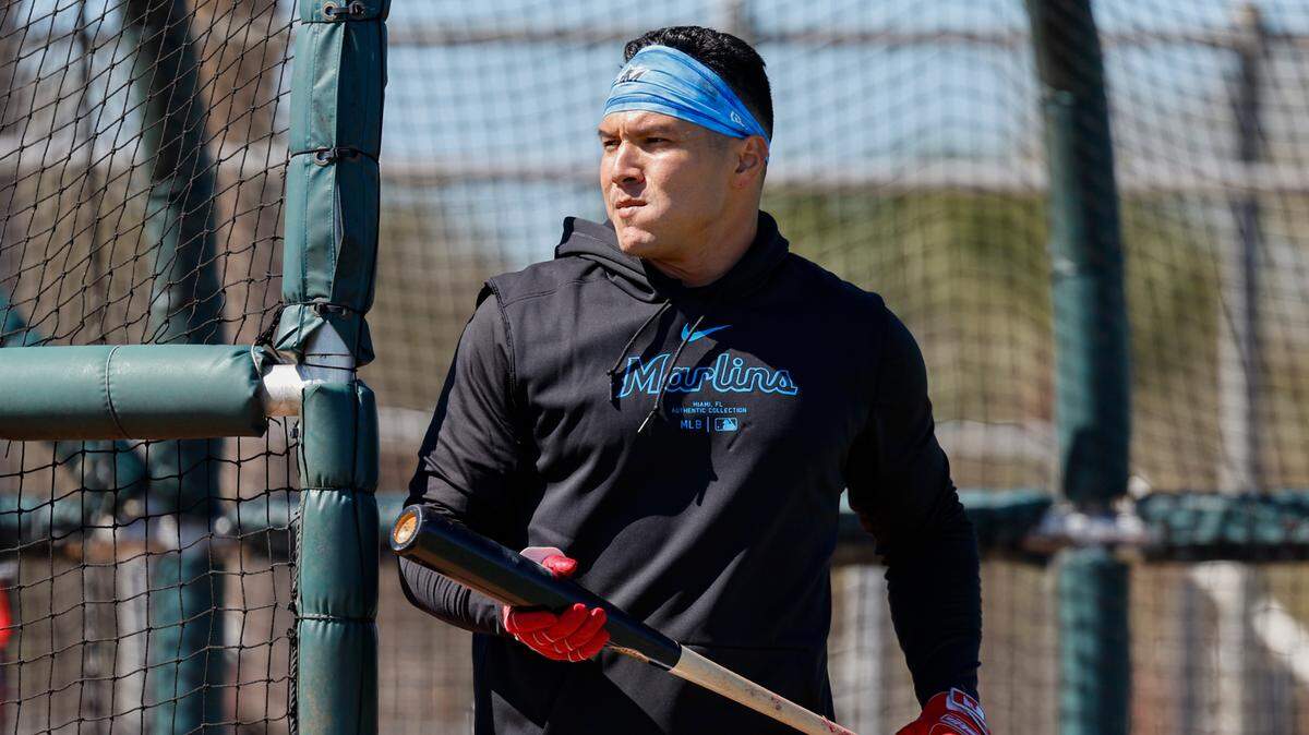 Miami Marlins Avisail Garcia after batting practice during spring training at Roger Dean Chevrolet Stadium in Jupiter, Florida on Tuesday, February 20, 2024.