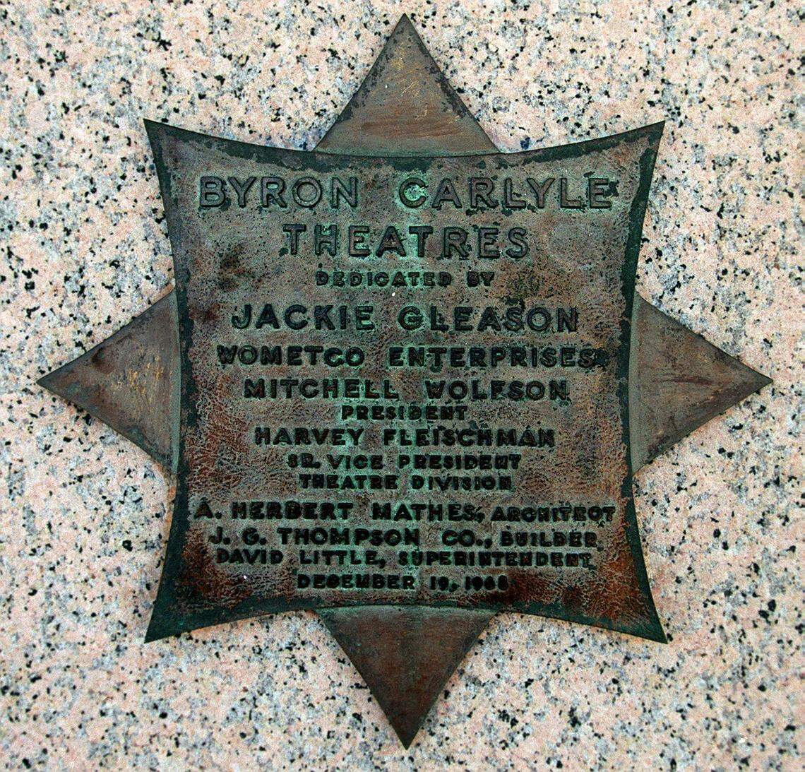 Seen in 2000, a plaque on the wall of the Byron Carlyle Theatre on 71st Street in Miami Beach.