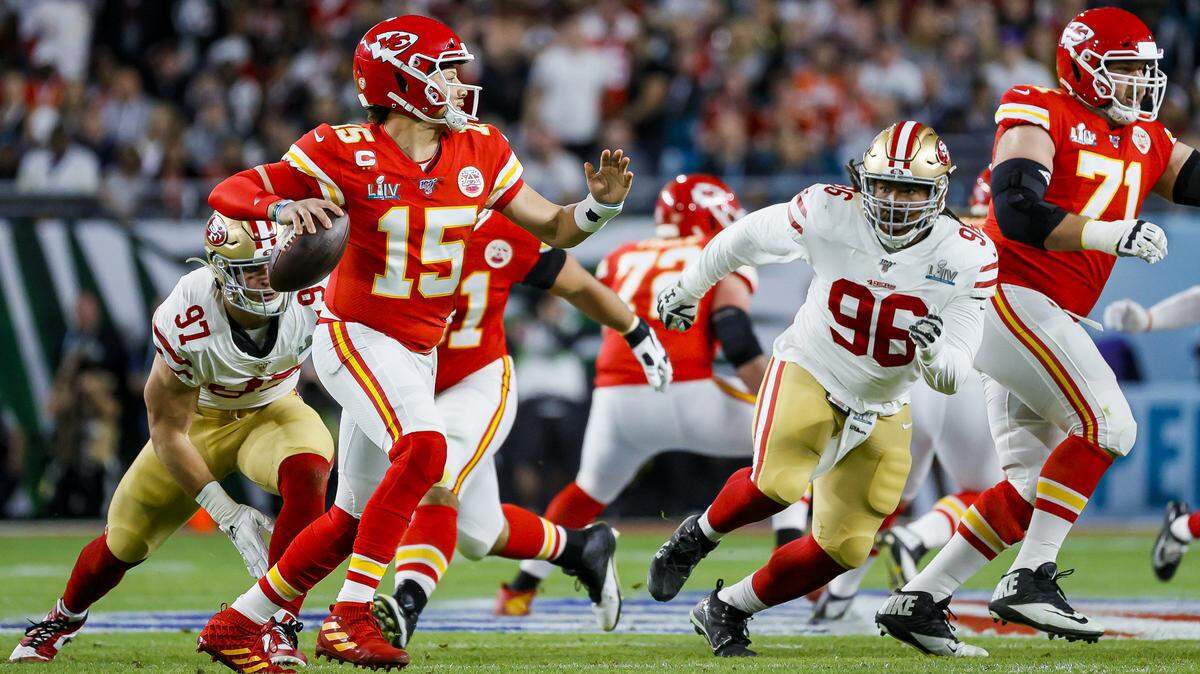 Kansas City Chiefs quarterback Patrick Mahomes (15) looks to pass against the San Francisco 49ers during the first half of Super Bowl 54 at Hard Rock Stadium in Miami Gardens, Florida on Sunday, February 2, 2020.