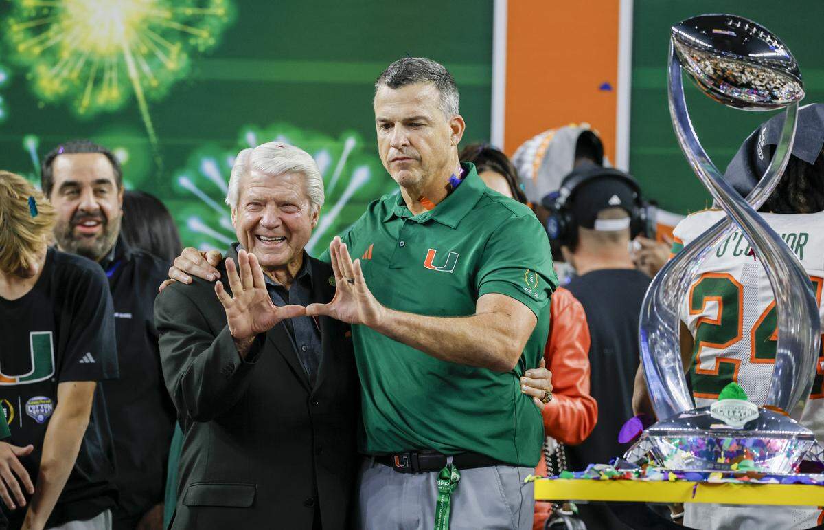 Miami Hurricanes head coach Mario Cristobal and former UM head coach Jimmy Johnson flash the ‘U’ sign after the Canes defeat the Ohio State Buckeyes during the College Football Playoff quarterfinal game in the Cotton Bowl at AT&T Stadium in Arlington, Texas on Thursday, January 1, 2026.