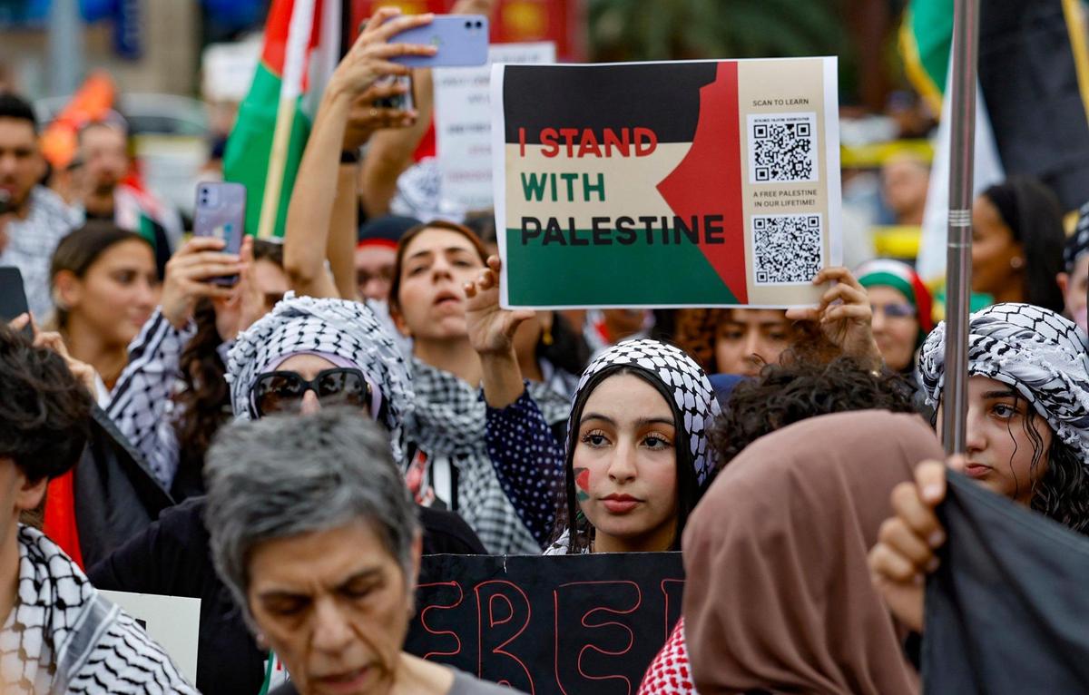 Pro-Palestinian protestors rally in support of Palestinians in Gaza during the conflict between Israel and Hamas at Bayfront Park in Miami on Friday, October 13, 2023.