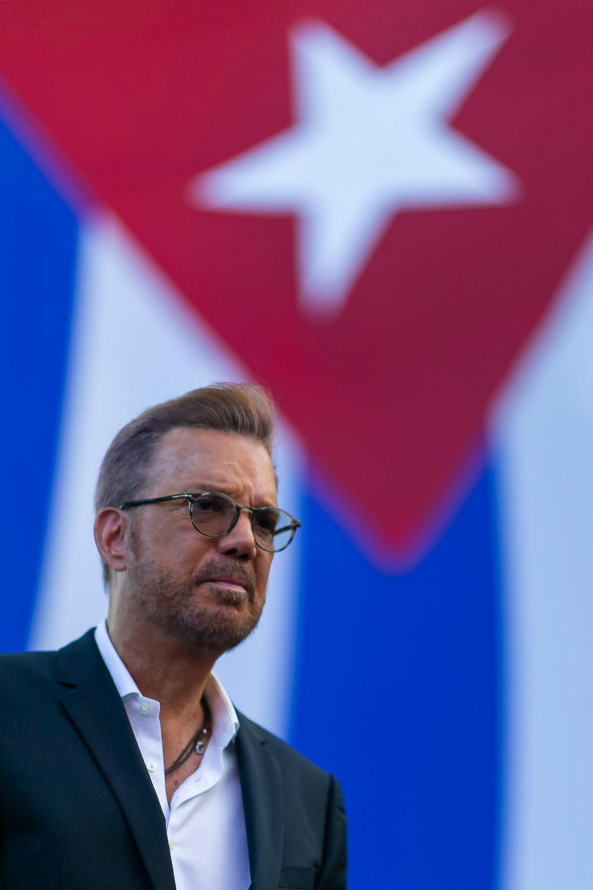 Willy Chirino attends a rally at the Freedom Tower in downtown Miami on Saturday, July 17, 2021. The rally was held in solidarity with the protests happening in Cuba.