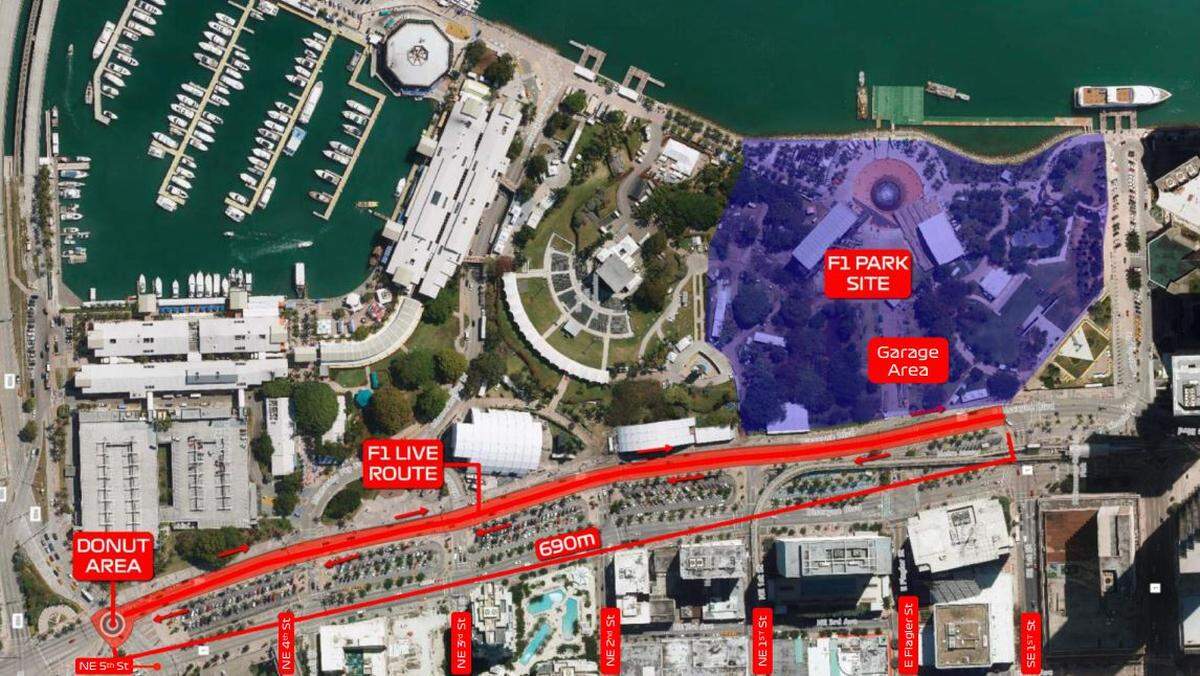 This map shows the proposed route for F1 Live, a track to display Formula One race cars doing turns and driving at slower than race speeds.