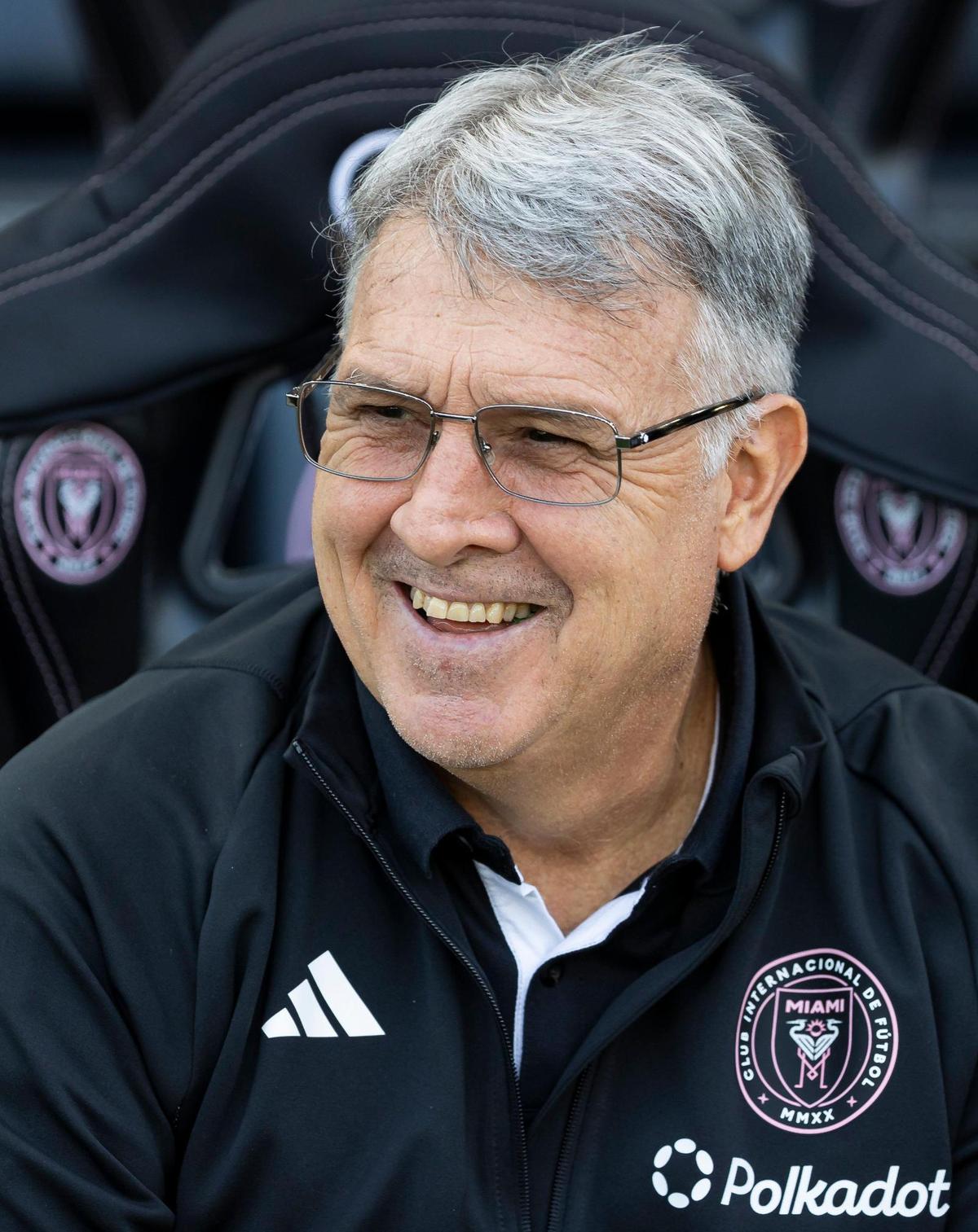 Inter Miami head coach Tata Martino reacts from the bench before his team plays their MLS match against the New England Revolution at Chase Stadium on Saturday, Oct. 19, 2024, in Fort Lauderdale, Fla.