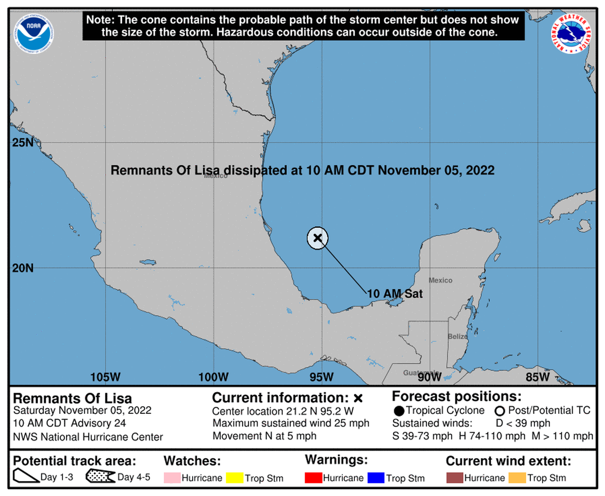 Mapa del Centro Nacional de Huracanes del sábado 5 de noviembre de 2022, a las 10 a.m., sobre los restos de lo que había sido el huracán Lisa a principios de semana.