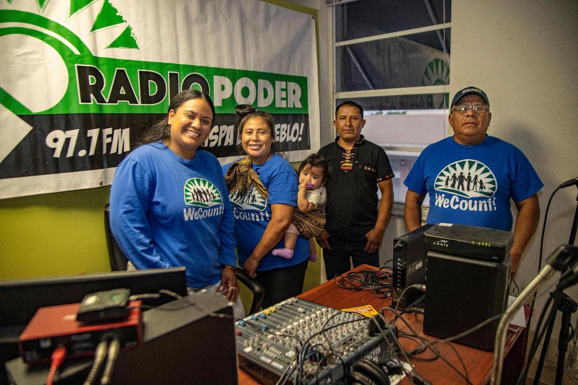 From left, Claudia Navarro, Martha Gabriel (with daughter Yulitza Caroline), Pedro Marcos Raymundo and Andrés Villegas in the studio after recording a spot for the “Que Calor Campaign“ for Radio Poder 97.7 FM.